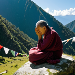 **Prompt:** A solo traveler, looking slightly fatigued and holding their head, sits on a moss-covered rock by a mountain trail in a high-altitude Bhutanese landscape. Prayer flags flutter gently in the background, amidst lush green mountains and a clear sky. The scene conveys a subtle feeling of discomfort despite the majestic surroundings. Soft, diffused natural light, photorealistic, cinematic shot.