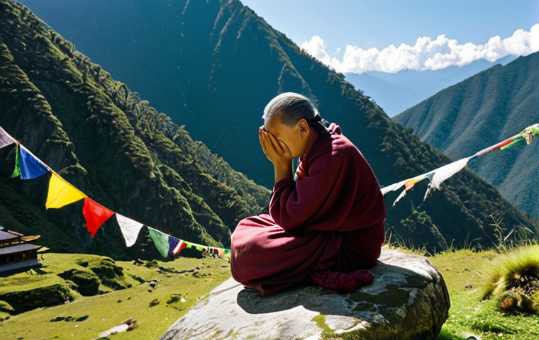 **Prompt:** A solo traveler, looking slightly fatigued and holding their head, sits on a moss-covered rock by a mountain trail in a high-altitude Bhutanese landscape. Prayer flags flutter gently in the background, amidst lush green mountains and a clear sky. The scene conveys a subtle feeling of discomfort despite the majestic surroundings. Soft, diffused natural light, photorealistic, cinematic shot.