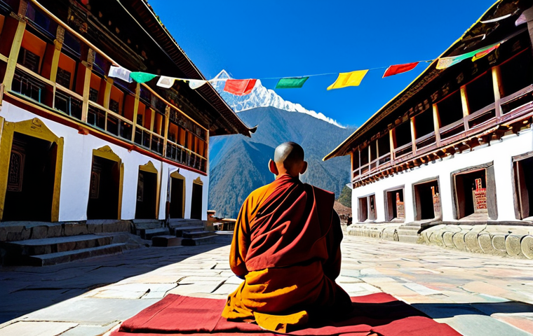 Serene Monastery Scene**

"A wide shot of a fully clothed monk in traditional robes meditating peacefully in a sunlit courtyard of a Bhutanese monastery. The monastery is perched on a mountainside with prayer flags fluttering in the breeze. In the background, the majestic Himalayas rise against a clear blue sky. soft natural lighting, perfect anatomy, correct proportions, natural pose, well-formed hands, proper finger count, professional, modest, family-friendly, safe for work, appropriate content."

**