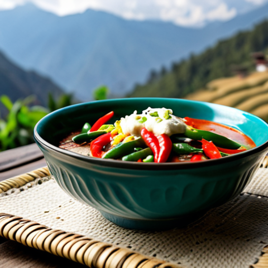 Ema Datshi Presentation**

"A vibrant and colorful bowl of Ema Datshi, Bhutan's national dish, featuring red and green chilies and creamy cheese. The dish is presented on a rustic wooden table with a woven placemat. In the background, a blurred view of the Bhutanese mountains. Focus on the texture of the chilies and the creamy cheese. fully clothed, safe for work, appropriate content, professional food photography, perfect anatomy, natural proportions, professional, high quality"

**