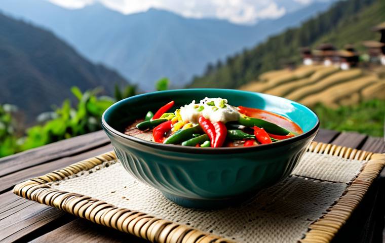 Ema Datshi Presentation**

"A vibrant and colorful bowl of Ema Datshi, Bhutan's national dish, featuring red and green chilies and creamy cheese. The dish is presented on a rustic wooden table with a woven placemat. In the background, a blurred view of the Bhutanese mountains. Focus on the texture of the chilies and the creamy cheese. fully clothed, safe for work, appropriate content, professional food photography, perfect anatomy, natural proportions, professional, high quality"

**