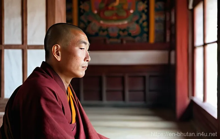 부탄에서의 사진 촬영 에티켓 - Image Prompt 1: Serene Monk in a Bhutanese Monastery**