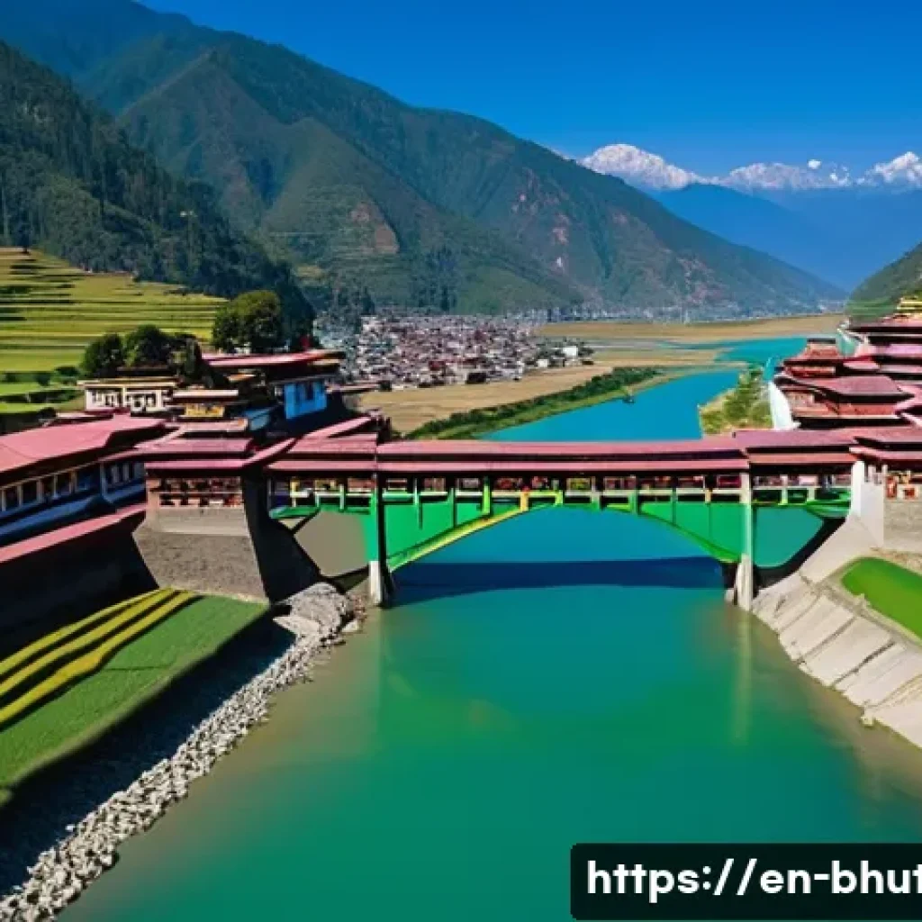 부탄의 주요 강과 하천 - **Prompt:** "A breathtaking aerial view of the majestic Punakha Dzong nestled at the serene confluen...