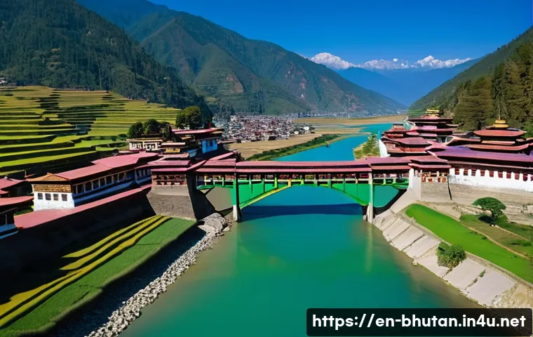 부탄의 주요 강과 하천 - **Prompt:** "A breathtaking aerial view of the majestic Punakha Dzong nestled at the serene confluen...