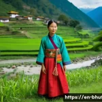 부탄에서 전통 의복 착용 체험 - **Prompt:** A young woman, appearing radiant and graceful, stands in a serene Bhutanese valley, perh...