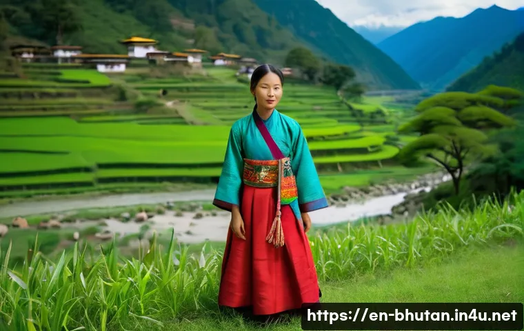 부탄에서 전통 의복 착용 체험 - **Prompt:** A young woman, appearing radiant and graceful, stands in a serene Bhutanese valley, perh...