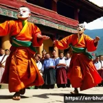 부탄 전통 춤 - **Prompt:** A dynamic, eye-level shot of three Bhutanese monks performing the "Drametse Nga Cham" (m...