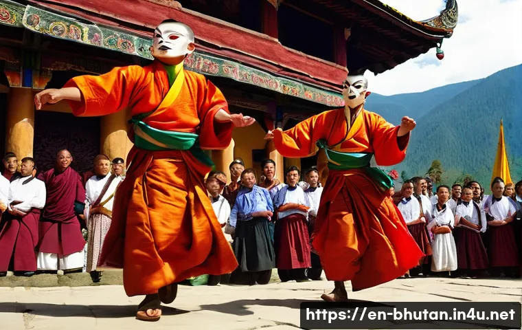 부탄 전통 춤 - **Prompt:** A dynamic, eye-level shot of three Bhutanese monks performing the "Drametse Nga Cham" (m...