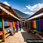 부탄에서의 쇼핑 팁 - A vibrant Bhutanese market scene bustling with local vendors and shoppers under colorful tents, show...