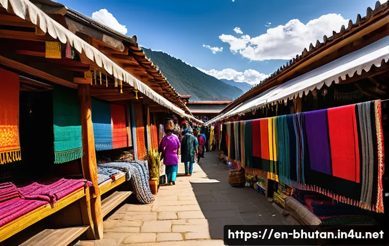 부탄에서의 쇼핑 팁 - A vibrant Bhutanese market scene bustling with local vendors and shoppers under colorful tents, show...