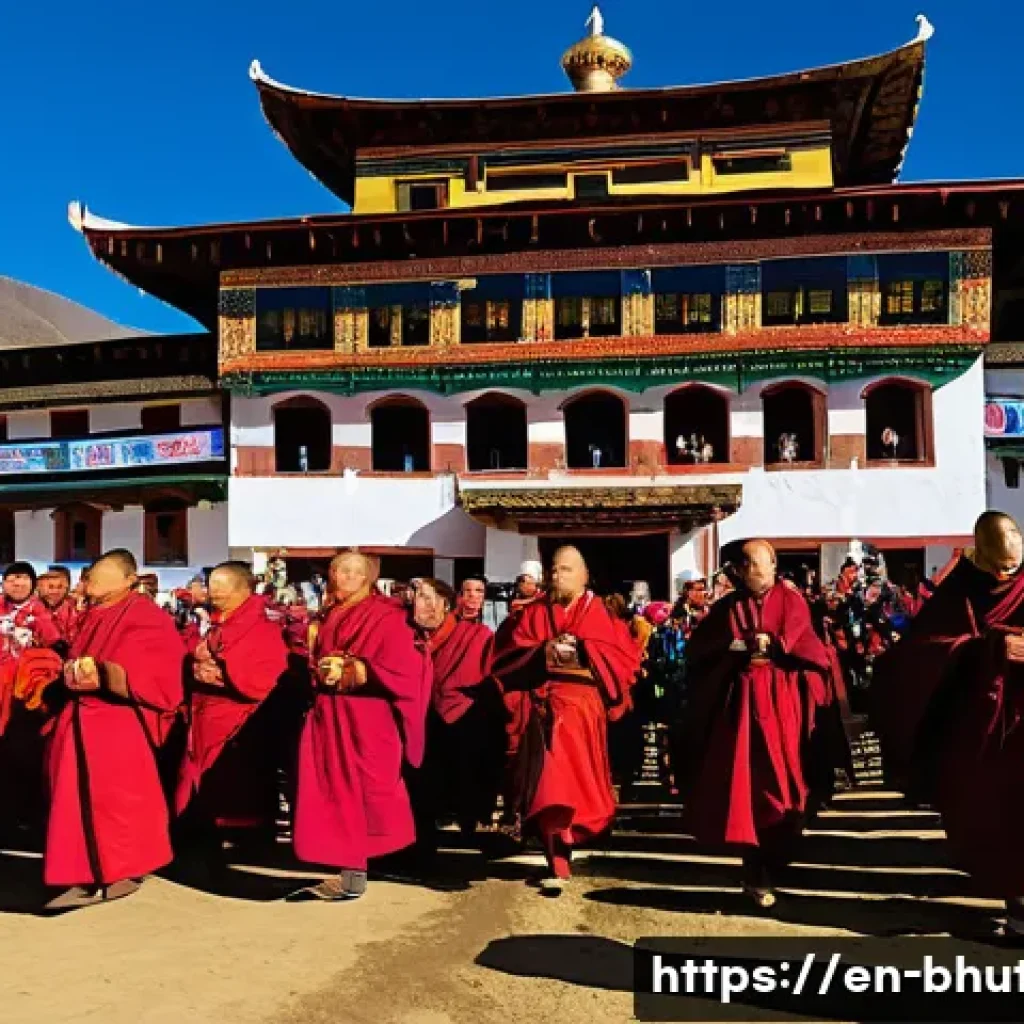 부탄과 티베트의 관계 - A vibrant Bhutanese tshechu festival scene set in a mountain valley, featuring groups of monks and v...