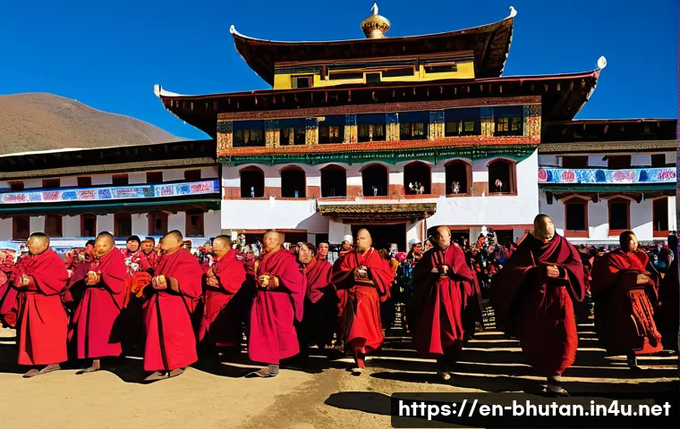 부탄과 티베트의 관계 - A vibrant Bhutanese tshechu festival scene set in a mountain valley, featuring groups of monks and v...