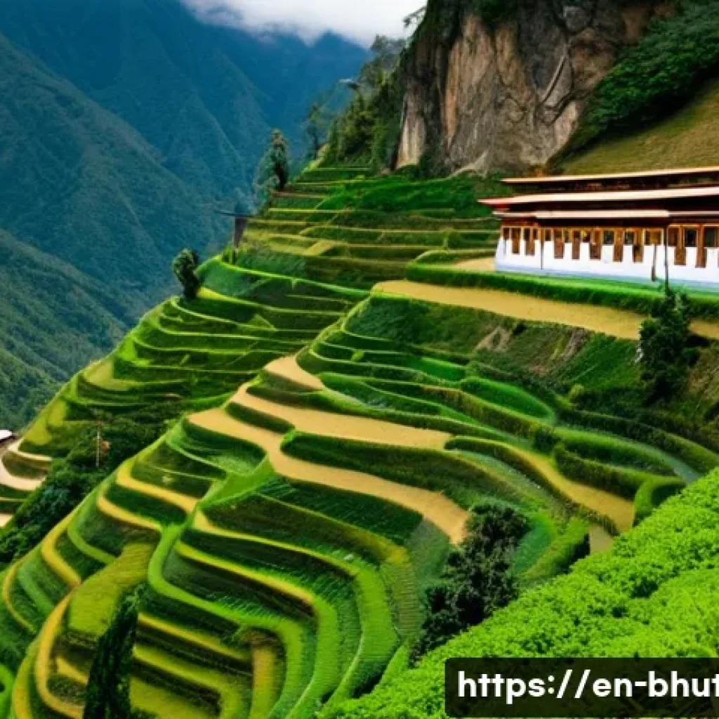 부탄 여행 중 주의할 교통 규칙 - A detailed scene of a narrow mountain road in Bhutan winding through steep green valleys under a par...