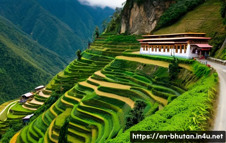 부탄 여행 중 주의할 교통 규칙 - A detailed scene of a narrow mountain road in Bhutan winding through steep green valleys under a par...