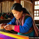 부탄 전통 의상 - A detailed scene of Bhutanese artisans weaving traditional textiles by hand in a rustic workshop, sh...