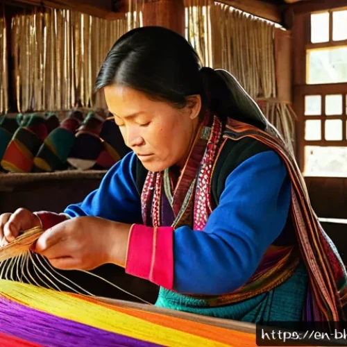 부탄 전통 의상 - A detailed scene of Bhutanese artisans weaving traditional textiles by hand in a rustic workshop, sh...