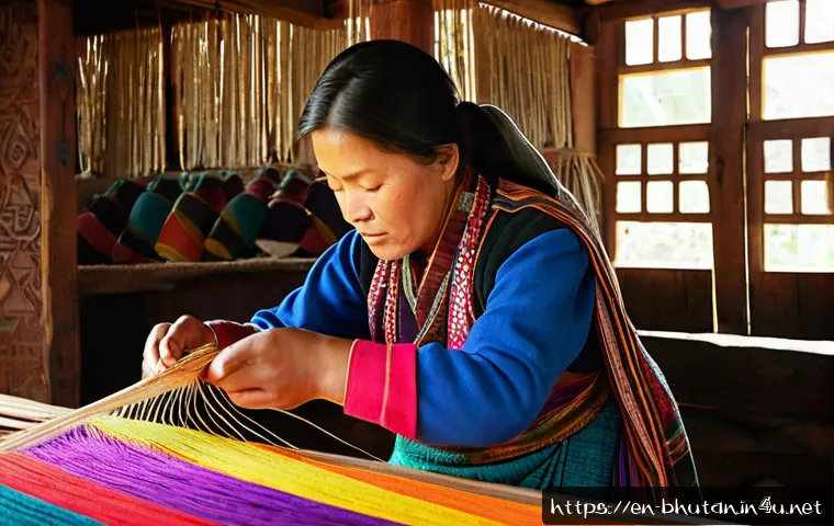 부탄 전통 의상 - A detailed scene of Bhutanese artisans weaving traditional textiles by hand in a rustic workshop, sh...