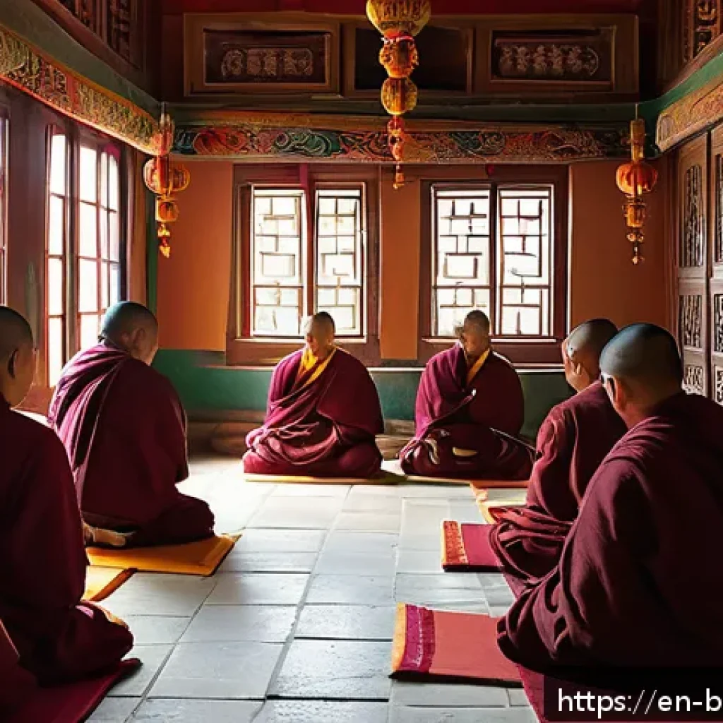 부탄 드룩파 불교 역사 - A serene scene inside a traditional Drukpa monastery in Bhutan at dawn, showing monks dressed in mar...