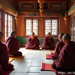 부탄 드룩파 불교 역사 - A serene scene inside a traditional Drukpa monastery in Bhutan at dawn, showing monks dressed in mar...
