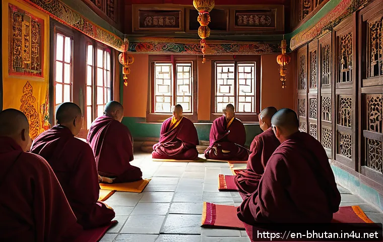 부탄 드룩파 불교 역사 - A serene scene inside a traditional Drukpa monastery in Bhutan at dawn, showing monks dressed in mar...