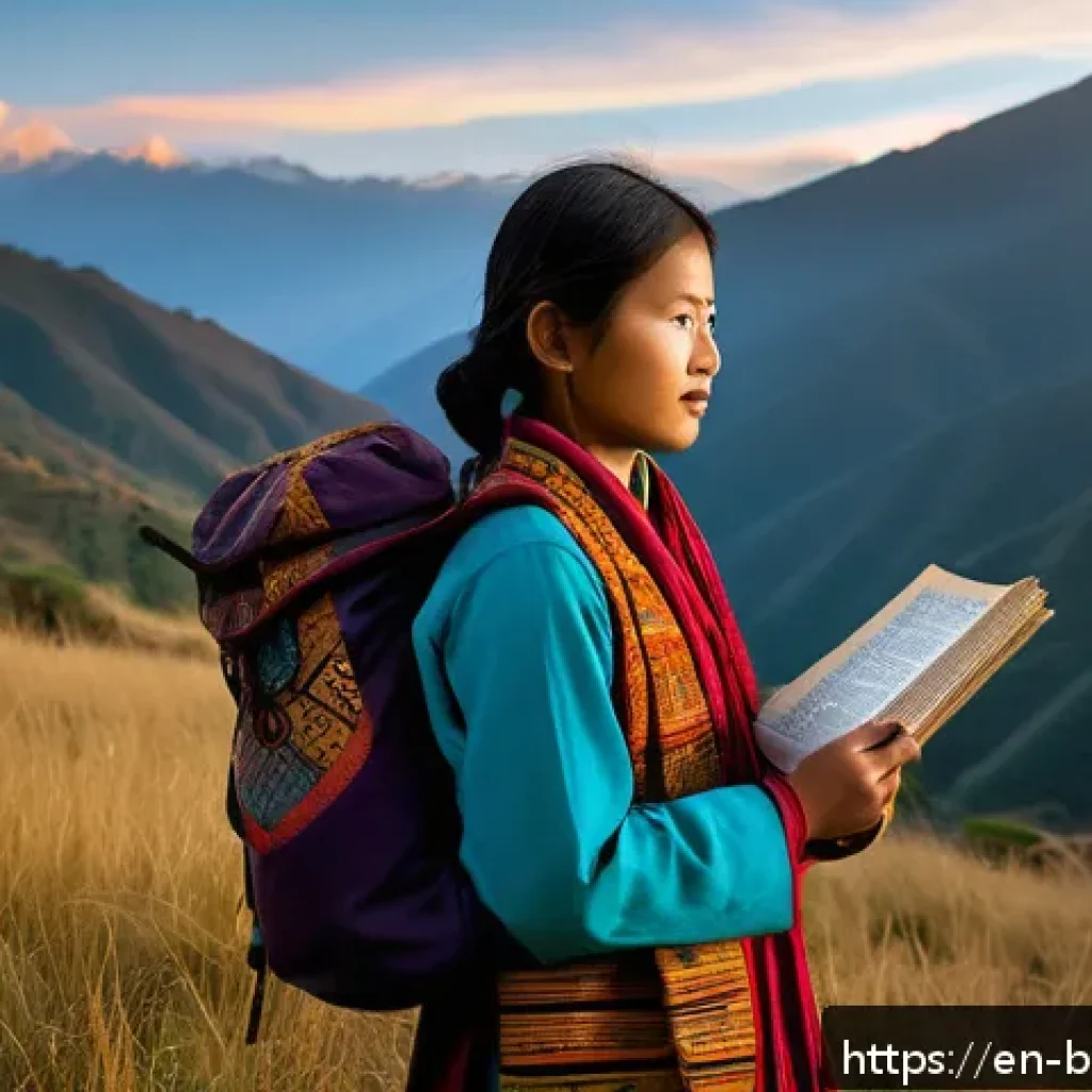 부탄의 현대 문학 - A young Bhutanese woman standing on a lush mountain ridge at dawn, dressed in traditional Bhutanese ...
