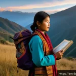부탄의 현대 문학 - A young Bhutanese woman standing on a lush mountain ridge at dawn, dressed in traditional Bhutanese ...