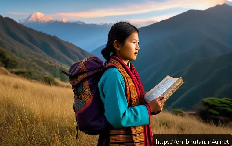 부탄의 현대 문학 - A young Bhutanese woman standing on a lush mountain ridge at dawn, dressed in traditional Bhutanese ...