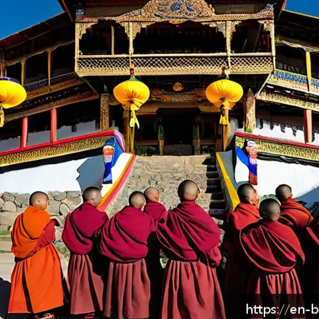 부탄의 봄철 축제와 꽃놀이 - A vibrant scene of Bhutan’s Paro Tshechu festival featuring monks in colorful traditional robes perf...
