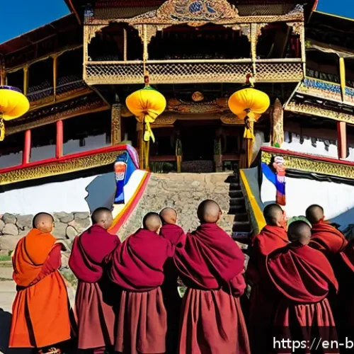 부탄의 봄철 축제와 꽃놀이 - A vibrant scene of Bhutan’s Paro Tshechu festival featuring monks in colorful traditional robes perf...