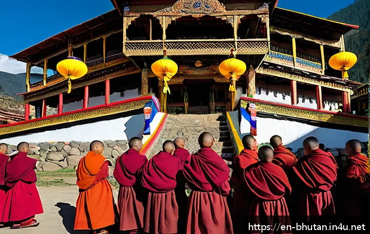 부탄의 봄철 축제와 꽃놀이 - A vibrant scene of Bhutan’s Paro Tshechu festival featuring monks in colorful traditional robes perf...