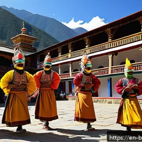 부탄의 마을 축제 - A vibrant Bhutanese village festival scene showcasing masked dancers performing traditional spiritua...
