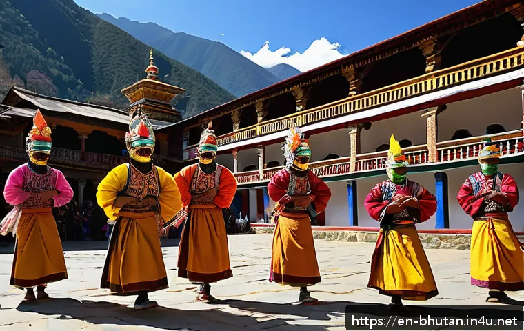 부탄의 마을 축제 - A vibrant Bhutanese village festival scene showcasing masked dancers performing traditional spiritua...