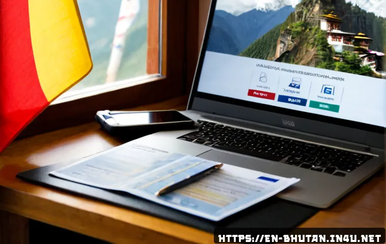 부탄 비자 발급 절차 - Photorealistic travel visa application scene, an adult international traveler seated at a tidy home ...