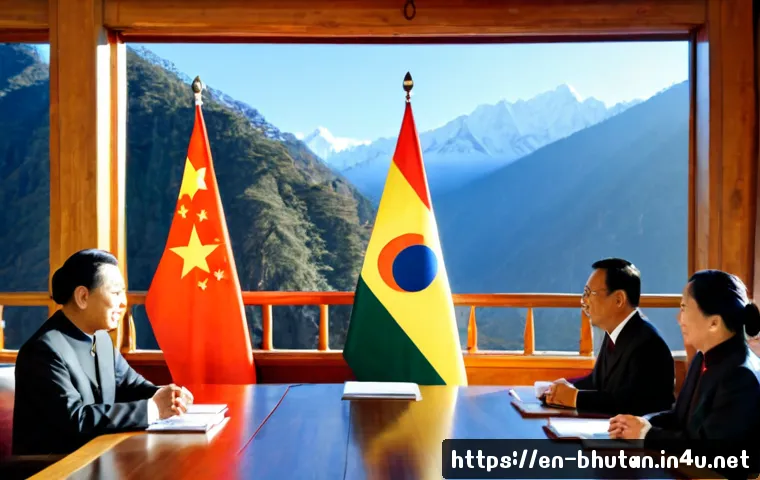 부탄과 중국의 외교 - Photorealistic diplomatic meeting between Bhutanese and Chinese representatives in a serene Himalaya...