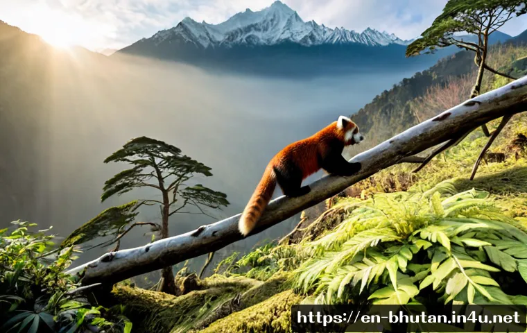 Home 17 부탄 히말라야의 생태 다양성 - Photorealistic wide landscape of Bhutan’s eastern Himalayas at dawn, lush temperate forest rising in...